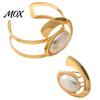 Adjustable Wrist Jewelry 2Pcs Faux Pearl Bangle And Ring Set, Geometric Open Bracelet & Ring, Minimalist Golden Plated Statement for Party Hollow