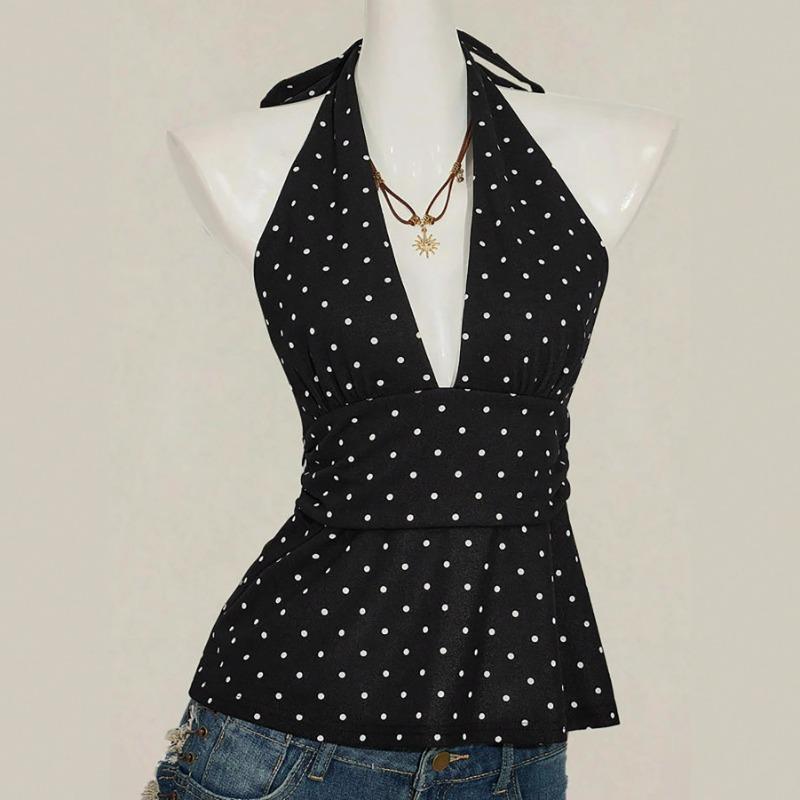 Women Sexy Halter Backless Polka Dot Waist Cinching Cami Top S