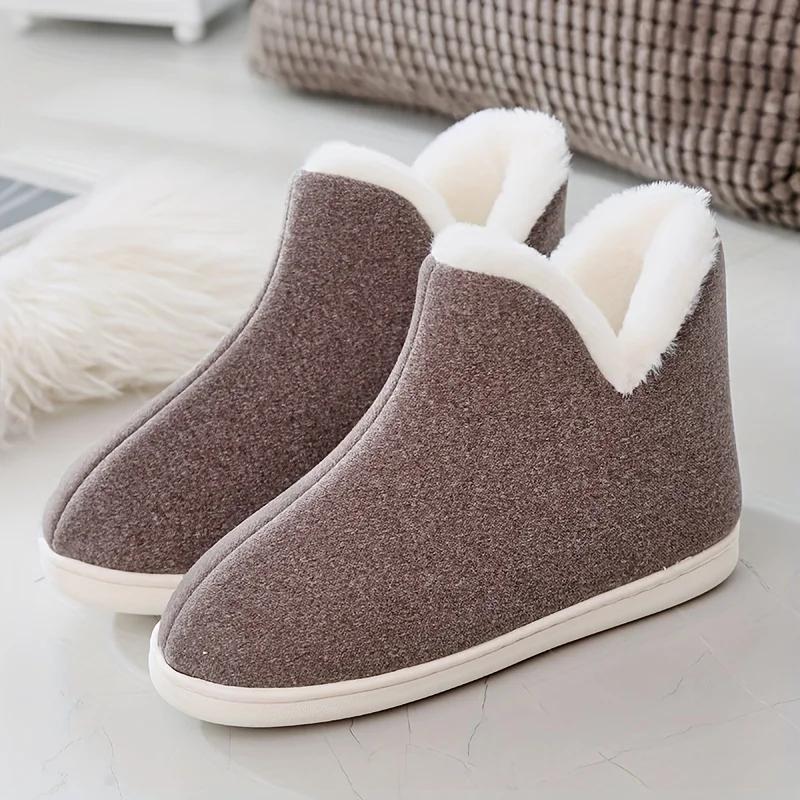 Winter-Hausschuhe mit Plüschfutter, einfarbig, Thermo-Schlupfstiefel, flache Knöchelstiefel, warme Hausschuhe für drinnen und draußen, Damenschuhe