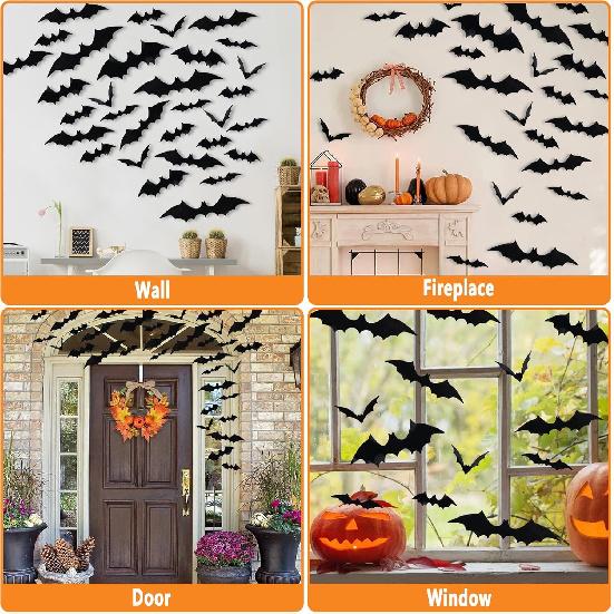 Halloween Decorations, 120PCS Bats Halloween Decor Indoor Outdoor, Realistic PVC 3D Black Scary Bat Stickers Wall Decor for Party Decorations