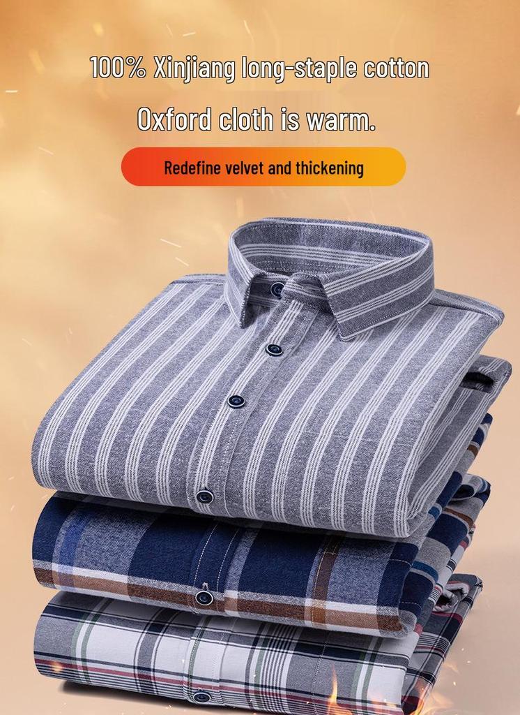 New Plus Size Velvet-Lined Men's Pure Cotton Plaid Shirt - Warm, Thickened for Autumn/Winter Cold Protection