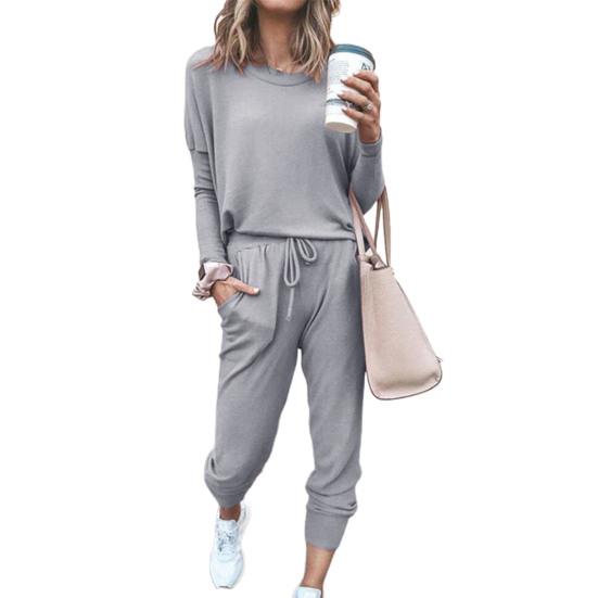 2 Pcs/Set Women Suit O Neck Solid Color Loose Simple Pants Suit for Daily Wear