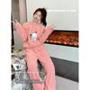 Coral Fleece Jacquard Pajamas Set Women Autumn Winter Fleece Thickened Warm Crew Neck Cable Knit Loungewear Wearable Outside