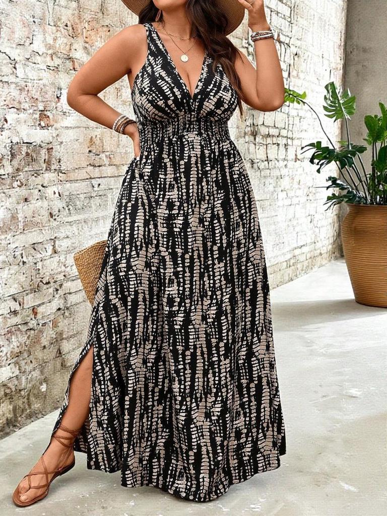 Damen Langkleid mit V-Ausschnitt und Falten in Übergröße - Mode mit Print im europäischen & amerikanischen Stil für den Urlaub