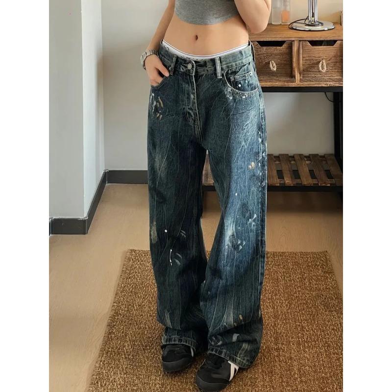 Nationaler Trendiger Design Spritzfarben Jeans für Damen Street High-Waisted Locker Schlankmachend Weiter Bein Gerade Hosen Trendig