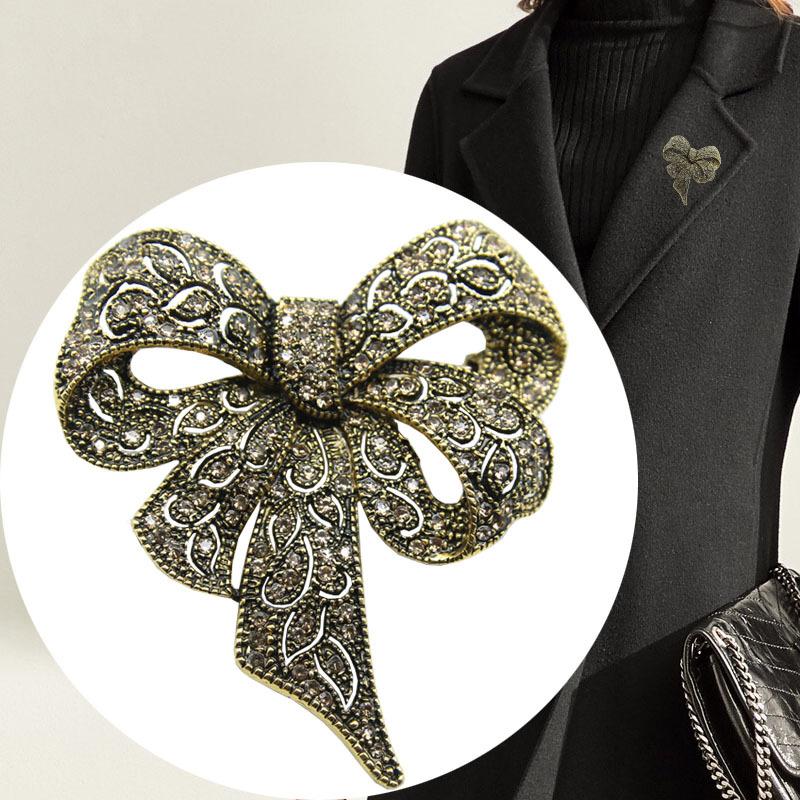 Black Rhinestone Big Bow Brooch, Vintage Personality Brooch, Coat Sweater Decoration Chest Flower For Women
