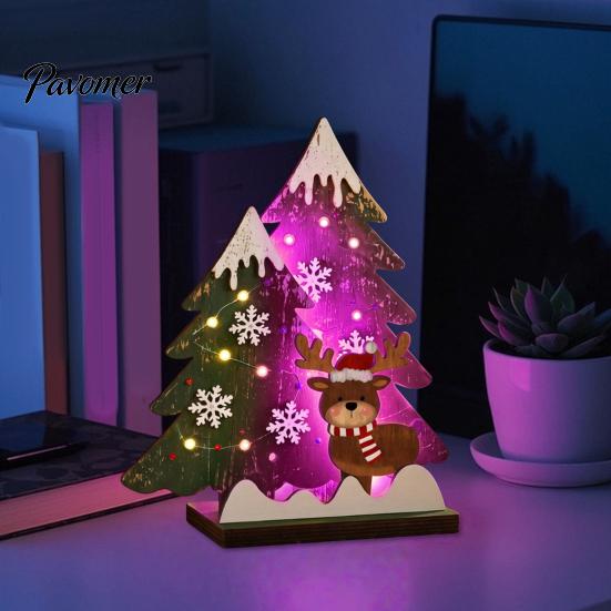 Mini Christmas Tree Wooden Table Decor with LED Light, Rustic Standing Sign Exquisite Wood Craft Reindeer Santa Claus for Holiday Tiered Tray,