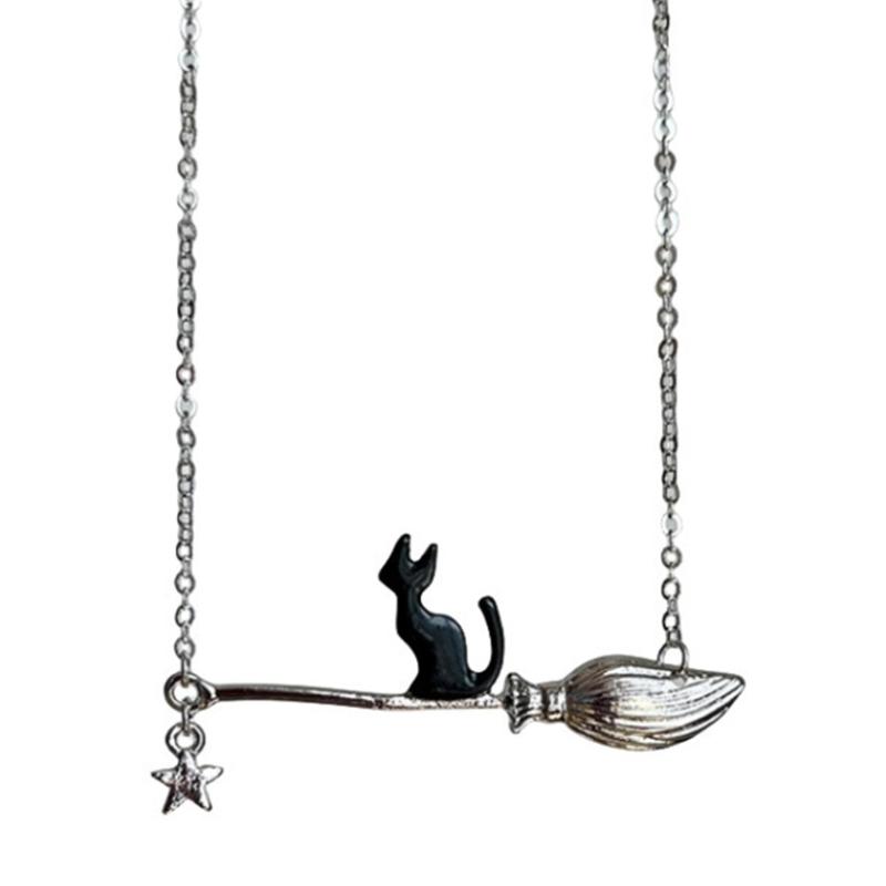 Trendy Cats On Broomstick Pendant Necklace Adjustable Length Neckchain Stylish Choker Accessory for Fashionable Women