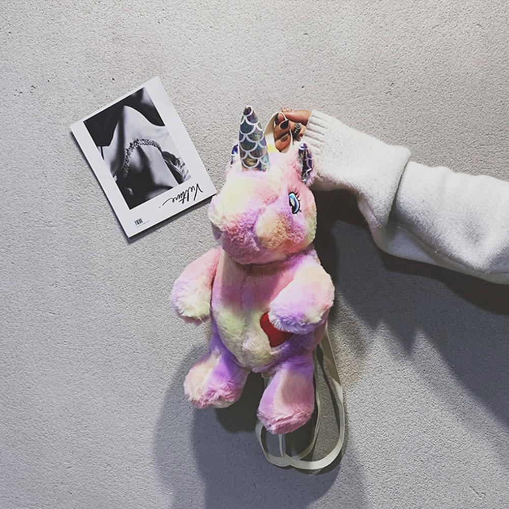 Mini Bag plush toy cartoon One-horned Horse Shaped Rainbow Backpack For Girls And Children Stuffed Animal Backpack