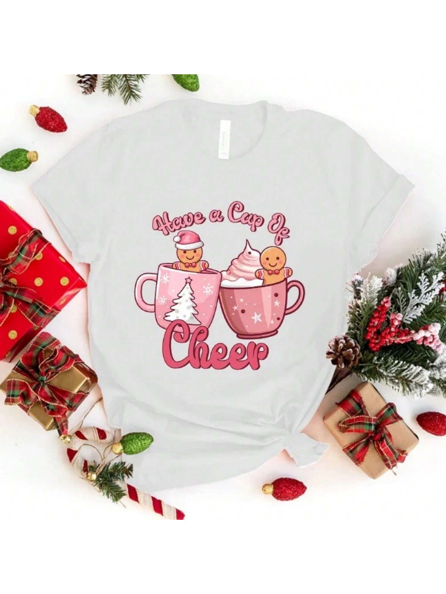 10 Colors Women Fashion Short Sleeve Tee Shirt Christmas Have A Cup Of Cheer Print T Shirt Casual Loose Summer Cool T-Shirt Top S разноцветный