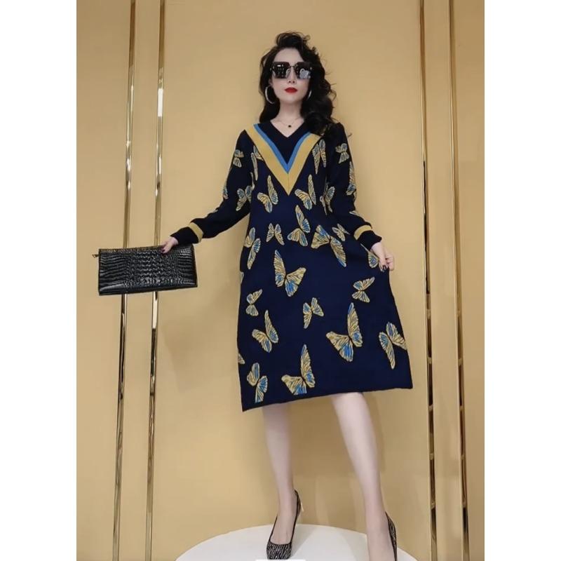Western-style Dress V-neck Color-blocked Mid-length Hooded Jacquard Butterfly Flying A-line Sweater Skirt