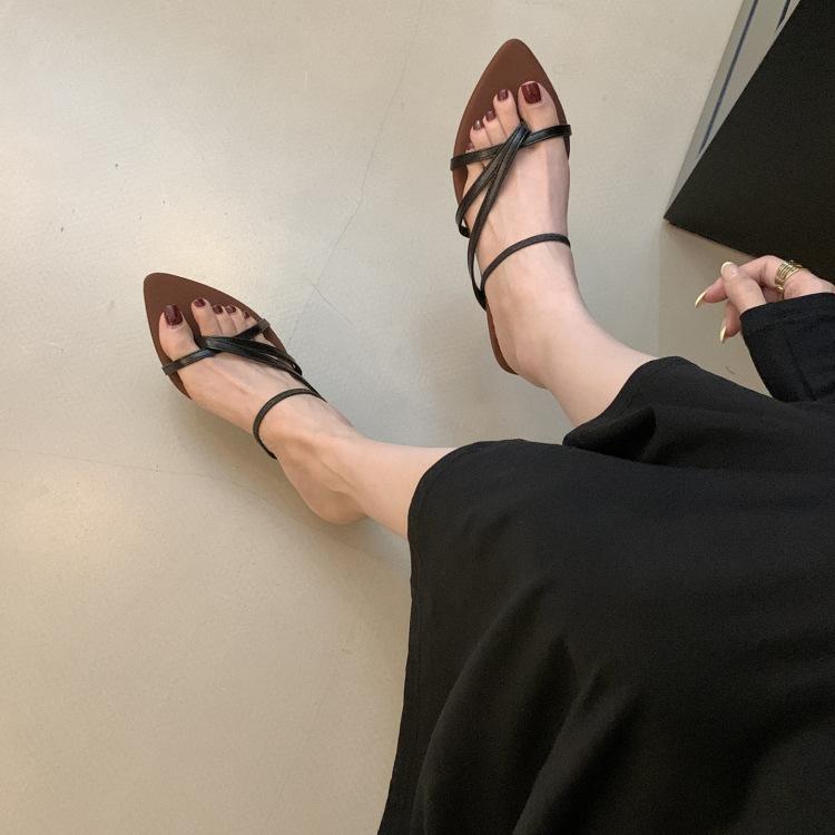 French pointed thick heel strap sandals fairy shoes 2025 new summer with skirt toe silver Roman shoes