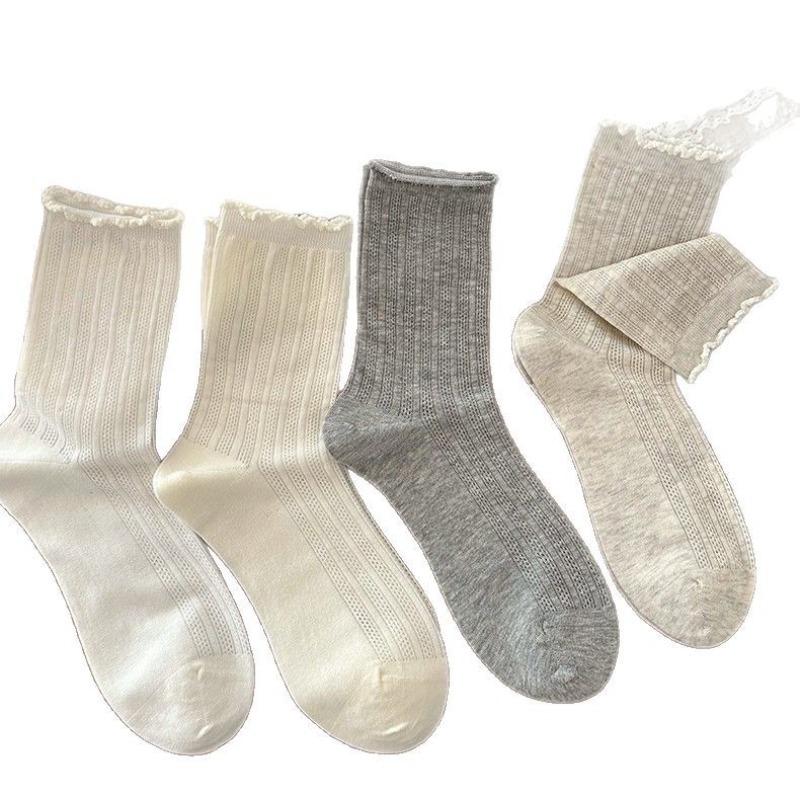Female Summer Thin Style Leisure All Match Lace Pure Color Hollow Breathable Mesh Tube Stack Socks