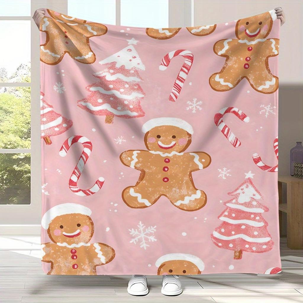 1pc Red Pink Christmas Blanket Candy Gingerbread Man Printed Skin-Friendly Soft Blanket  New for Home Christmas Decoration
