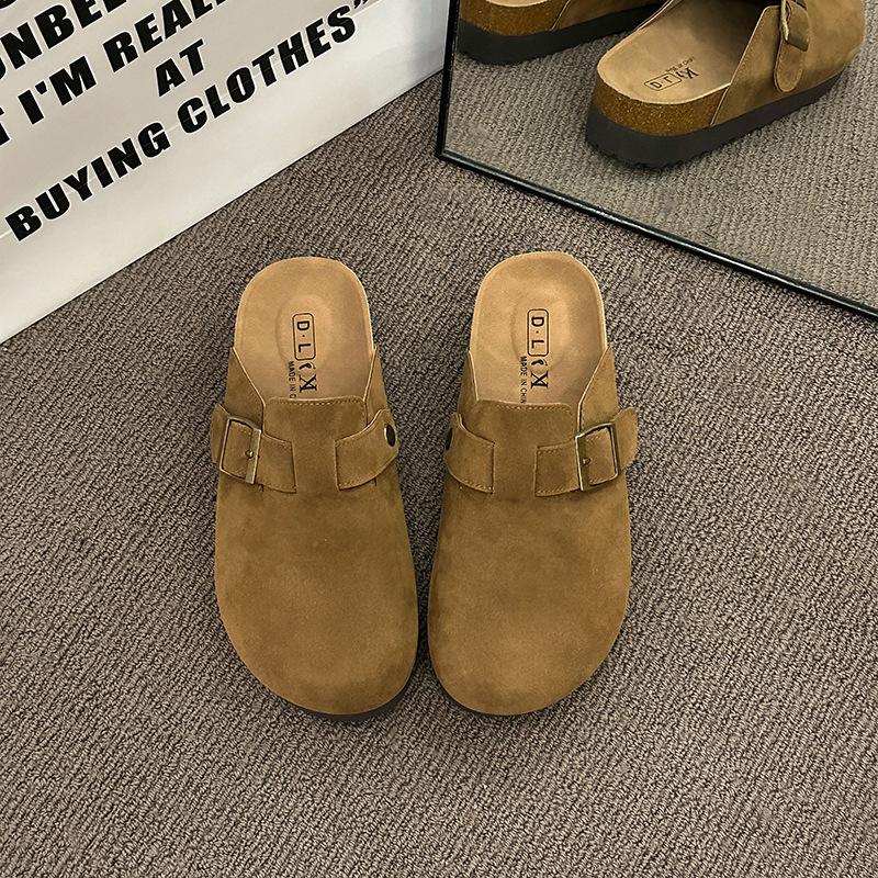 

Женские туфли на толстой подошве 2025 весна и осень, маленькие ленивые туфли-педали с закрытым носком, на пробковой подошве 40 коричневый