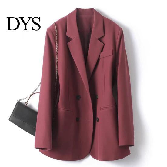 Versatile Women Jacket Suit Coat Lapel Long Sleeve Double Breasted with Pockets Solid Color Loose Fit Office Lady Workwear