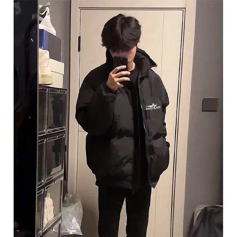 Men s Autumn/Winter Black Stand-up Collar Cotton Jacket: Warm, Versatile, Loose-Fit Top S