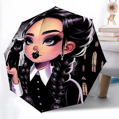 1pc Dark Elegance Addams Automatic Open/CloseCartoon Practical Umbrella-CuteUmbrella with Cute Design, Portable 3-Fold Compact Umbrella for Men & Wome
