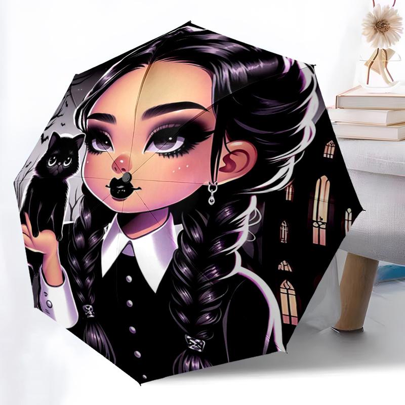 1pc Dark Elegance Addams Pattern Automatic Cartoon Umbrella Is Fashionable and Good-Looking, Suitable for Travel and Daily Use.I027