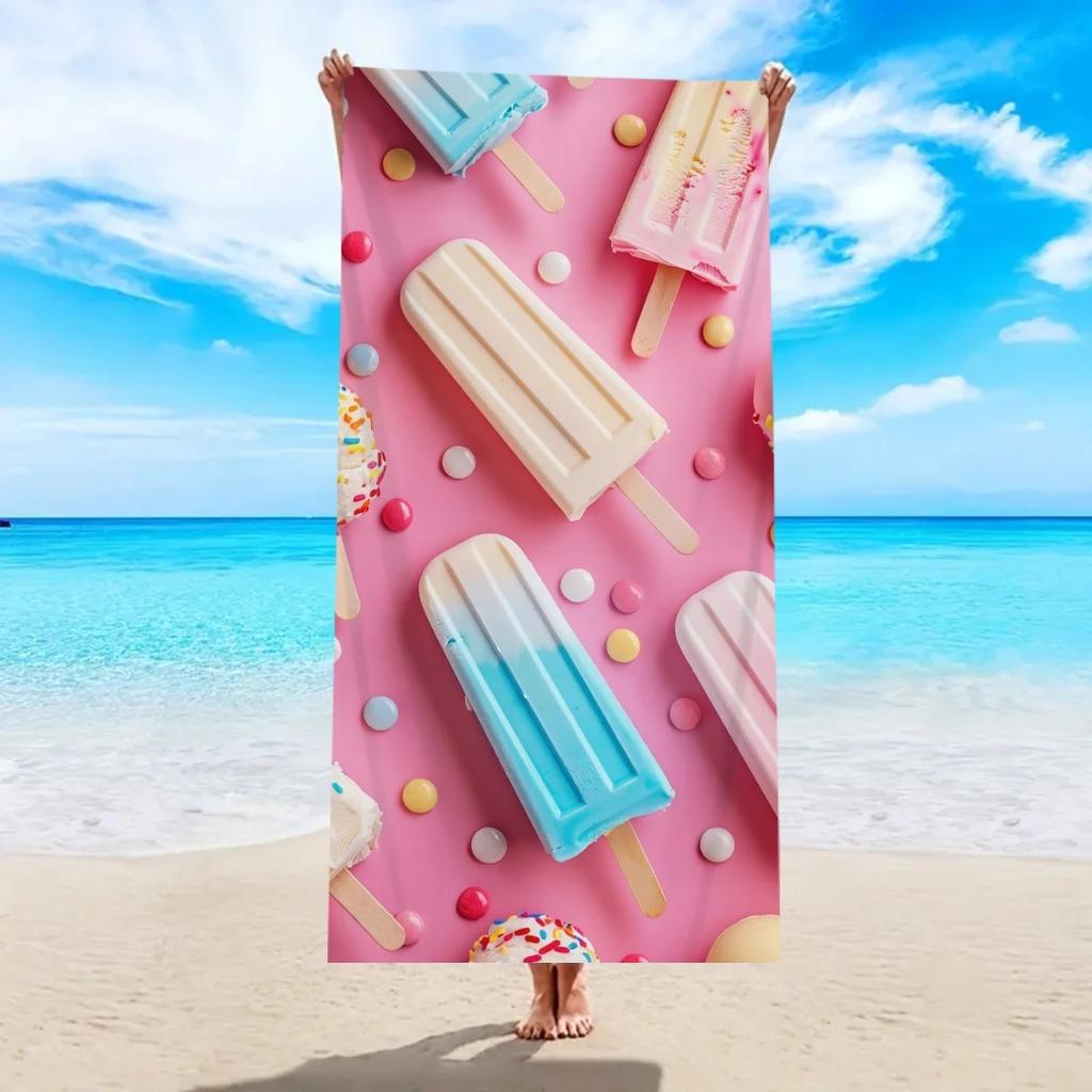 Süßes Eis Strandtuch Lustiger Eis am Stiel Druck Badetuch Sommer Erdbeer-Dessert Grafik Badetuch Kawaii Poolhandtuch