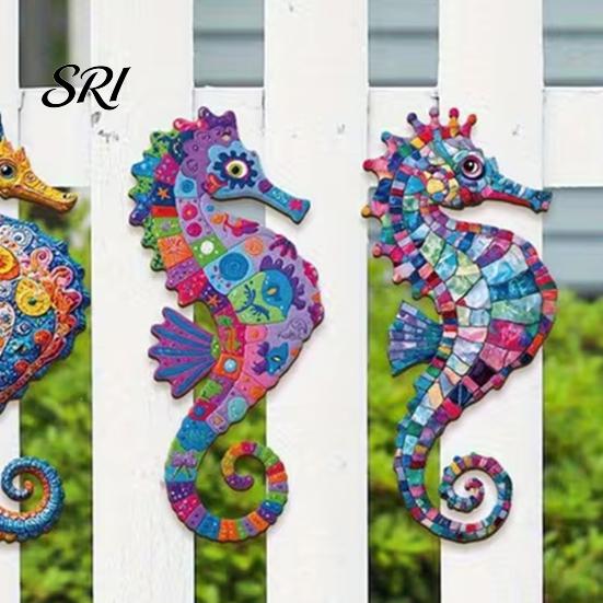 Decoración de Pared que Ahorra Espacio 3 Piezas Arte de Caballito de Mar de Madera Tema Playa Costera Animal Marino Colgante Decoración Artística de Criatura Marina para Patio Trasero