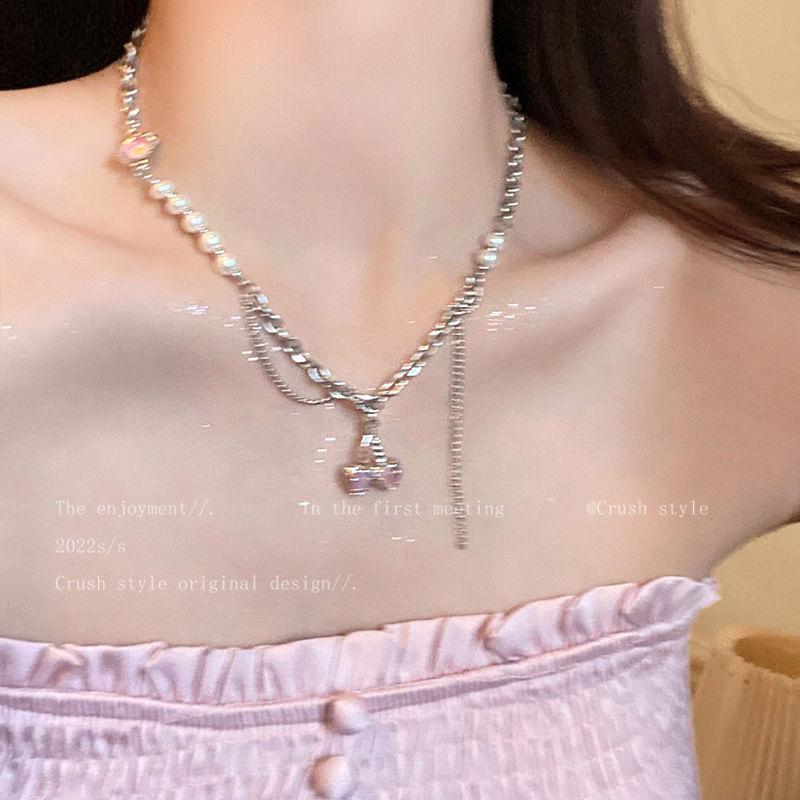 Cherry Girl~ Pearl Metal Splicing Necklace Xia Sweet Cool Wind In Spice Girl Earrings Light Luxury Niche Clavicle Chain