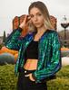Allegra K Women's Sequined Stadium Jacket, Long Sleeve, Zipper Detail, Short Length, Green, Size S