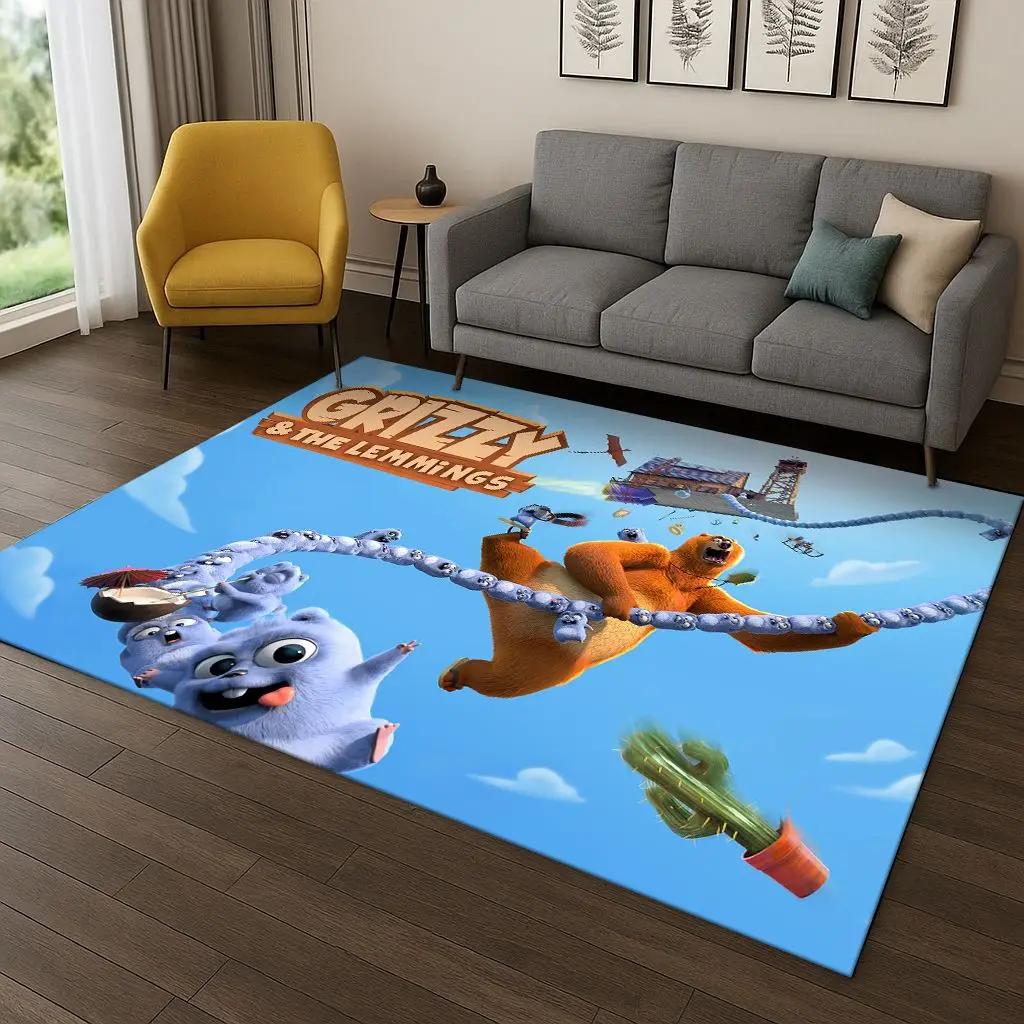 3D Grizzly und die Lemminge Cartoon Teppich für Schlafzimmer Wohnzimmer Sofa Heimdekoration, Kinder Spielbereich Teppich Rutschfeste Matte Geschenk