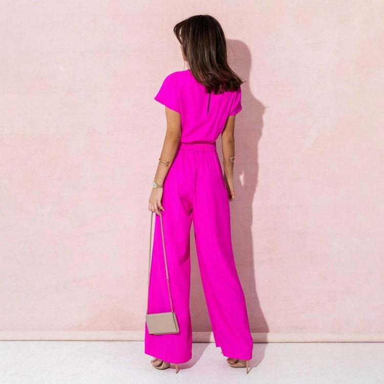 Polka Dot Wide Leg Jumpsuit Sexy Slim Waist Short Sleeve Dolman Neck Solid Color Trousers