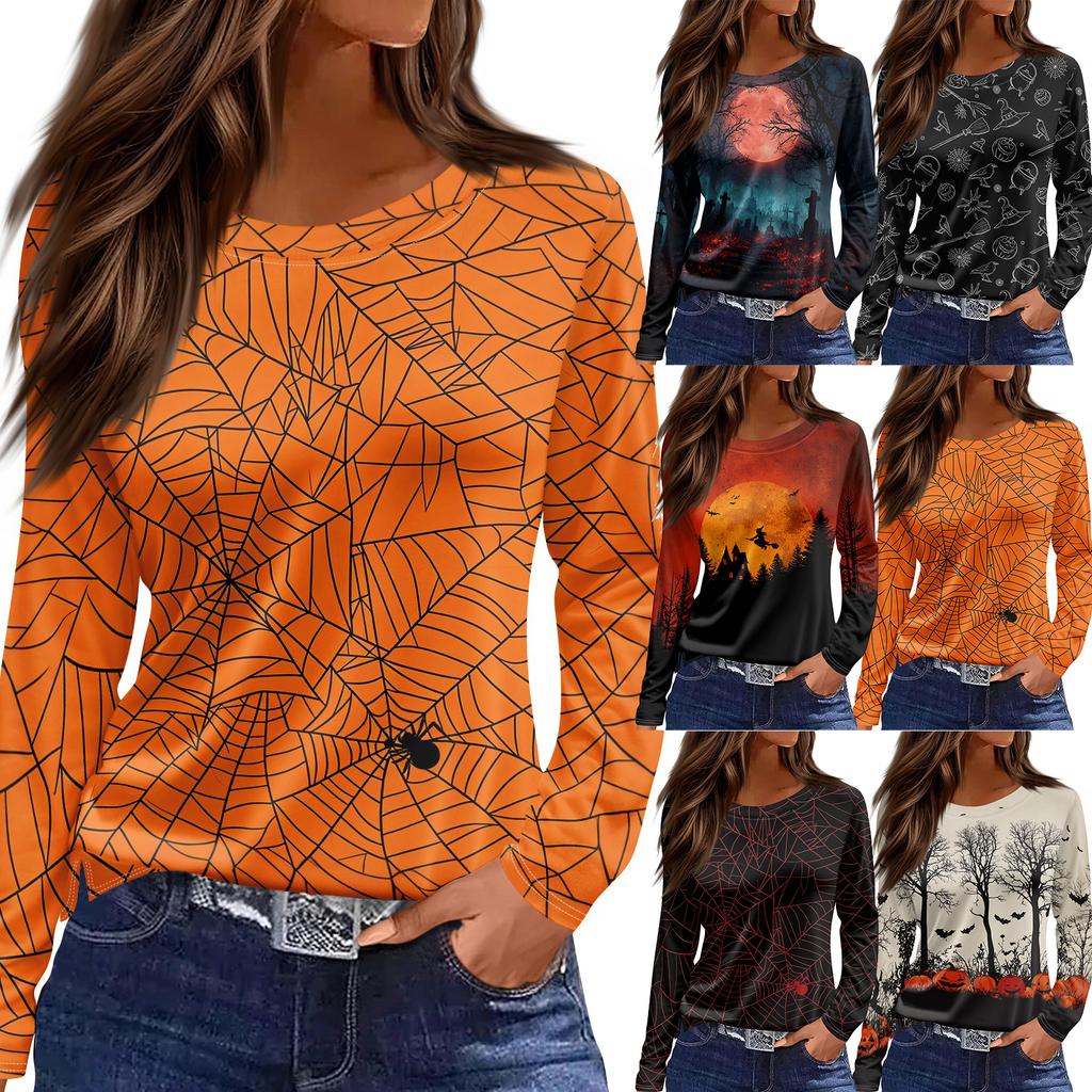 Women's Long Sleeve Round Neck Top with Halloween Print and Side Split Hem