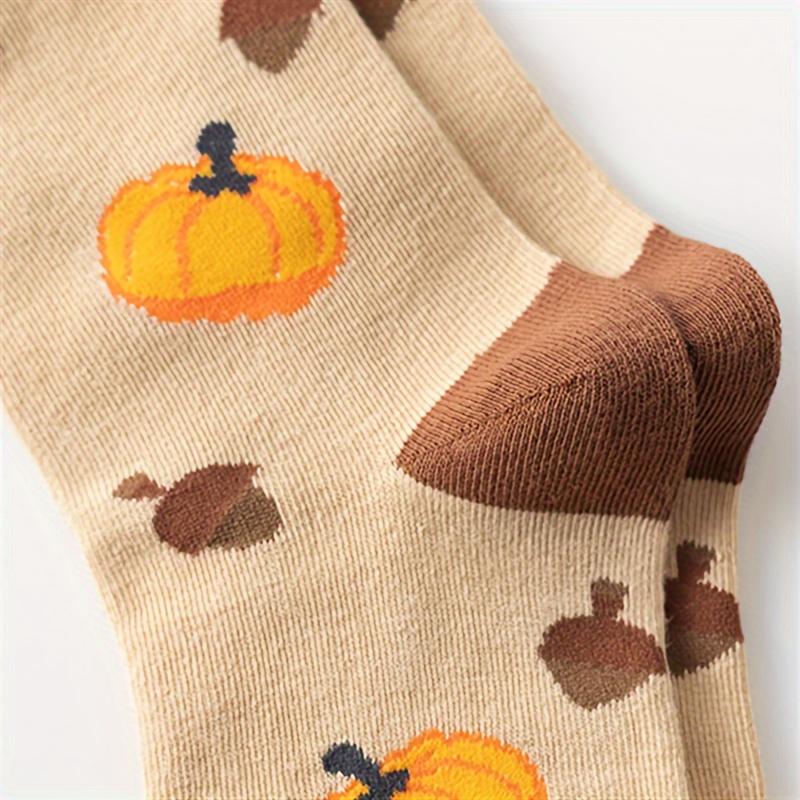 Autumn-Inspired 5 Pairs of Knee-Length Socks with Cartoon Squirrels and Pumpkins Design, Comfortable Fit Polyester Blend with Stretch