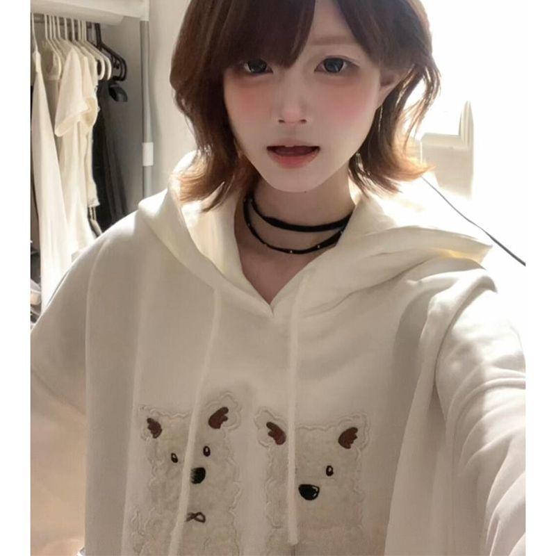 American heavy puppy embroidery white hooded sweater women 2025 new coat loose lazy wind