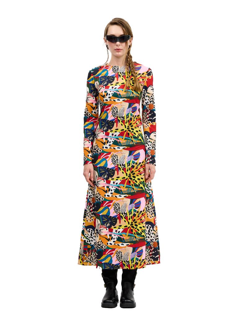 Greedius Tropical Pattern Long Sleeve Dress
