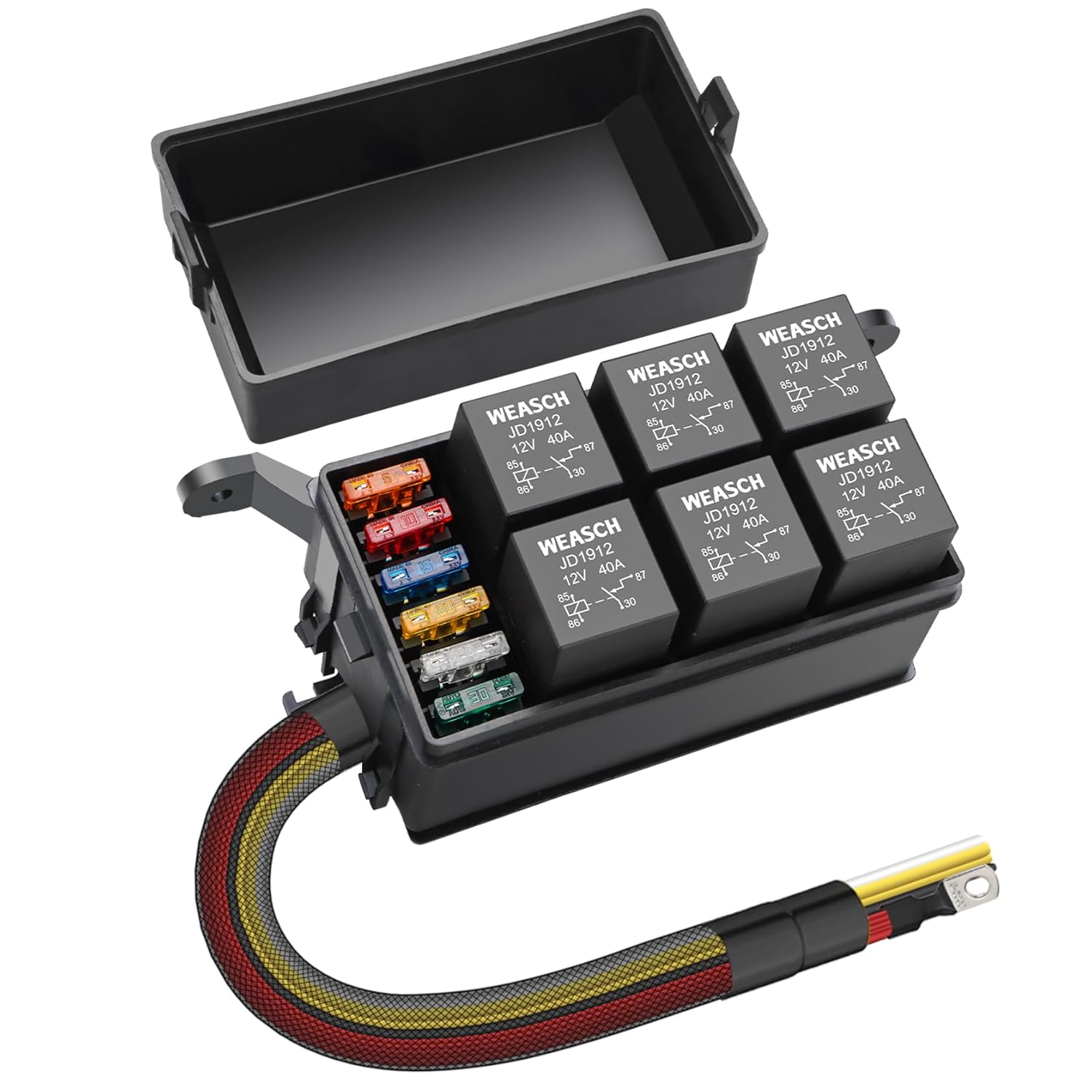 12V Fuse Relay Box, 6 Way Relay Fuse Box, with 12 AWG Pre-Wired, 6 Relays and 6 ATC/ATO Blade Fuses, 4-Pin Relay Box Block Kit, for Cars Truck Marine Pre-wired Fuse/Relay Kit