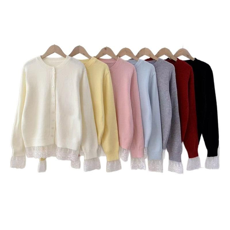 Autumn New Knitted Sweater Fashionable Versatile Splicing Lace Top Lace-up Design Cardigan Jacket Women