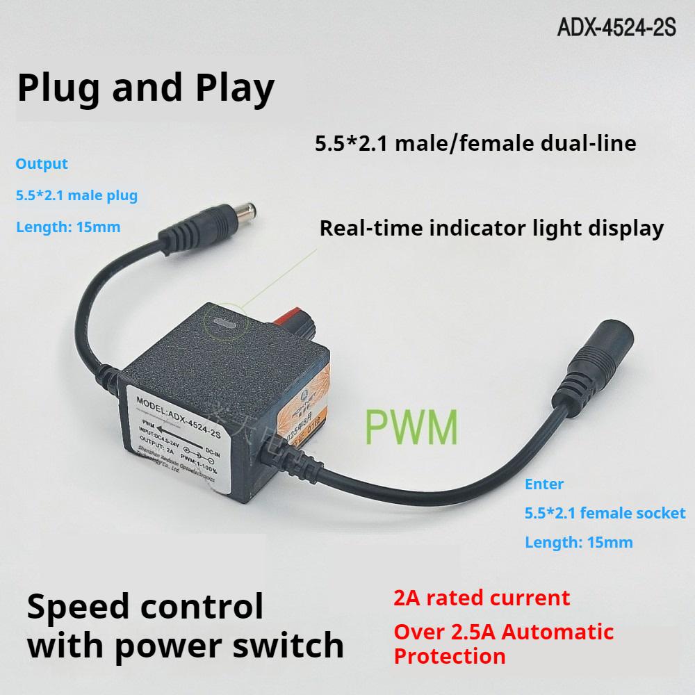 5,5x2,1mm Stecker-Buchse PWM Drehzahlregler Lüfterdrehzahlregler DC4,5-24V 2A Motor Drehzahlregler Zweidrahtschalter