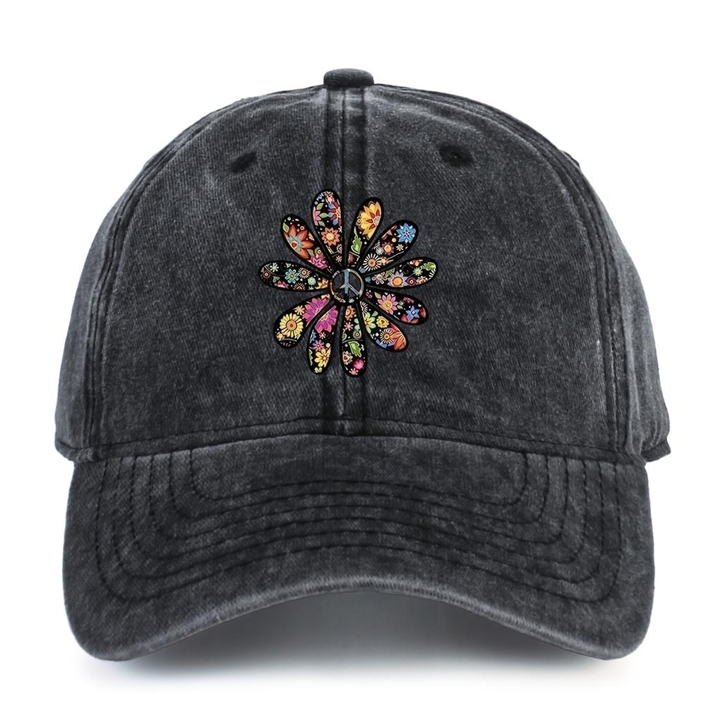Hippie Peace Sign Flower Print Washed Denim Baseball Cap Vintage Casual Sun Hat Unisex