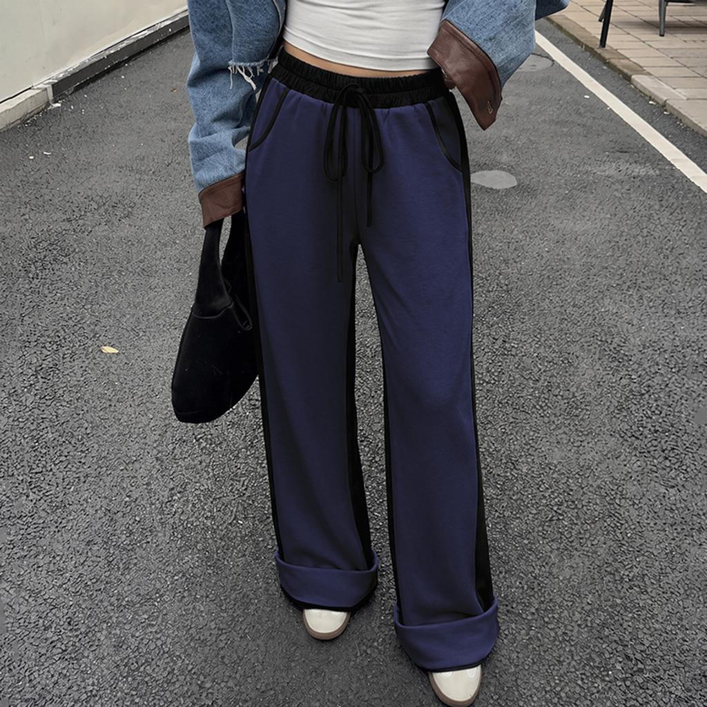 Women's Color-Block High-Waist Elastic Waist Casual Pants with Pockets for Work and Everyday Wear