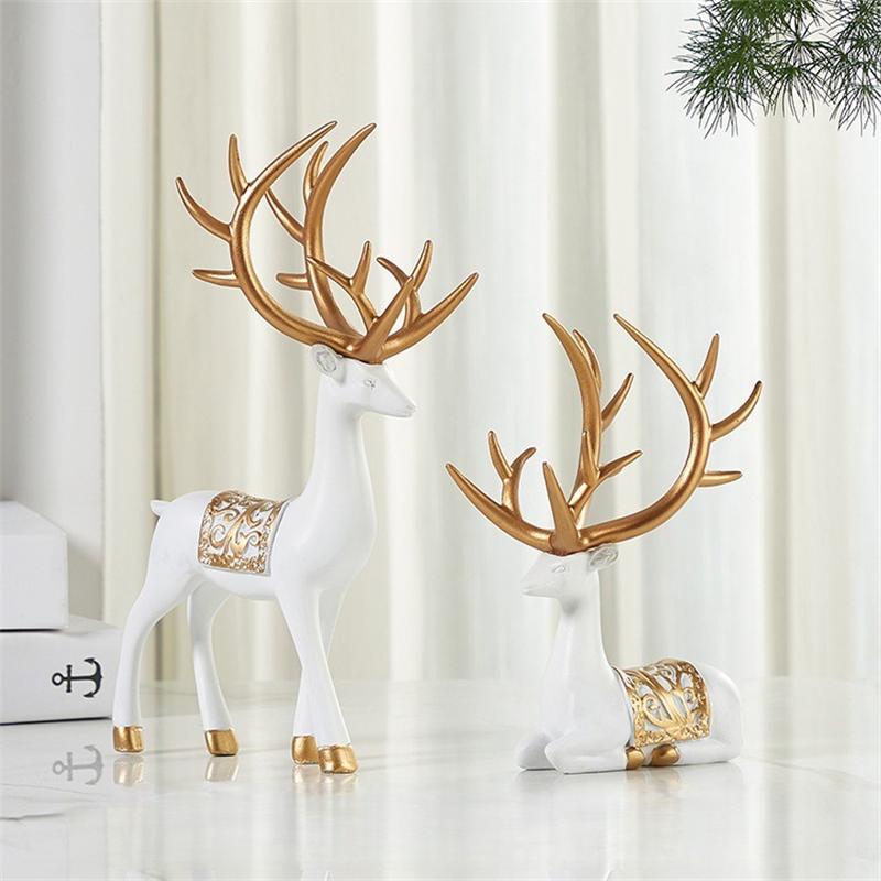 2pcs/Set Deer Statue, Golden Deer Christmas Decor, Elk Resin Reindeer Lucky Deer Sculptures For Work Desk Decor