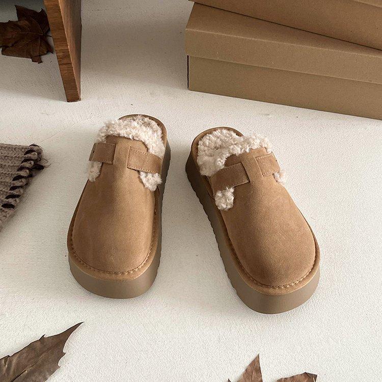 Women's Baotou faux lamb wool plush slippers padded warm winter thick bottom heightening home slippers casual hiking indoor shoes snow cotton slippers