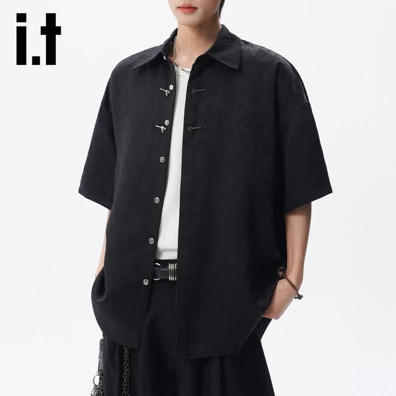 Izzue IT Men s New Chinese Style Metal Buckle Short-Sleeve Shirt 2XL чёрный