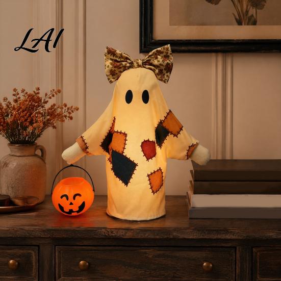 Farmhouse Style Fall Accents Lighted Vintage Patchwork Ghost LED Light Ghost with Pumpkin Lantern Halloween Decor Nostalgic Decor Ghosts Lamp,