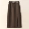 Coffee-colored Retro Wool A-line Midi Skirt, Women's Autumn/Winter 2025, Suit-style with Slit and Hip-hugging Fit