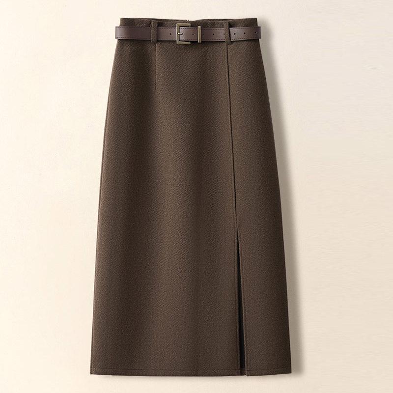 Coffee-colored Retro Wool A-line Midi Skirt, Women's Autumn/Winter 2025, Suit-style with Slit and Hip-hugging Fit