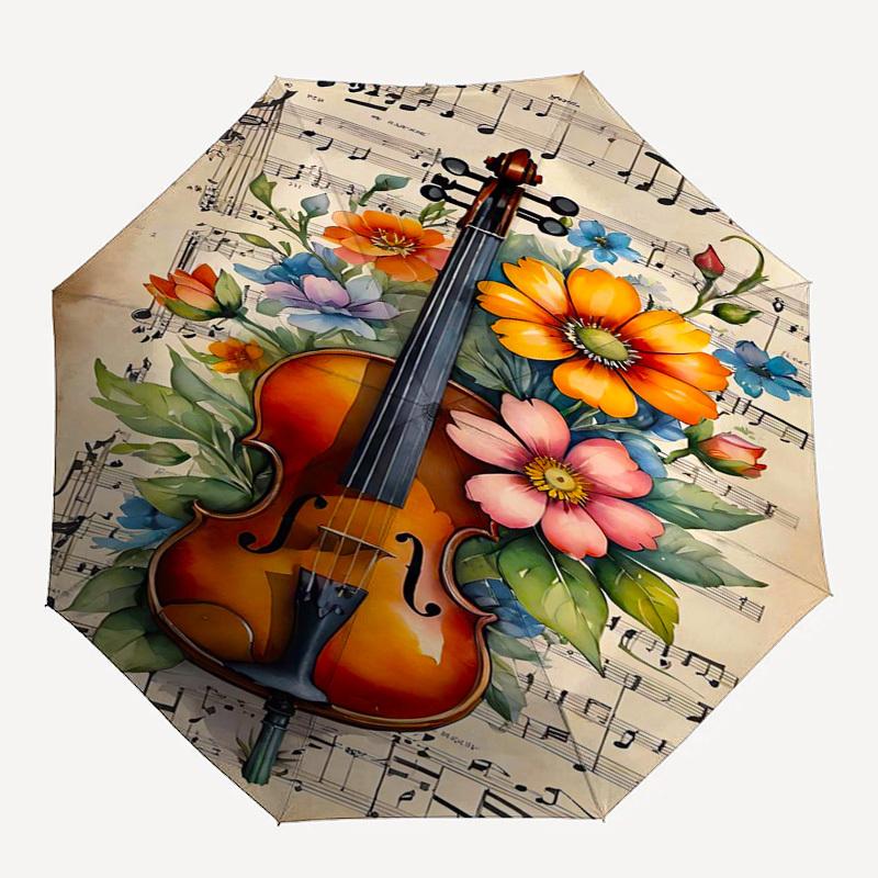 1pc Musical Violin Flowers Sheet Music Artwork Umbrella with Plastic Handle,Suitable for All Seasons Home Travel Outdoor Umbrellaptys31070