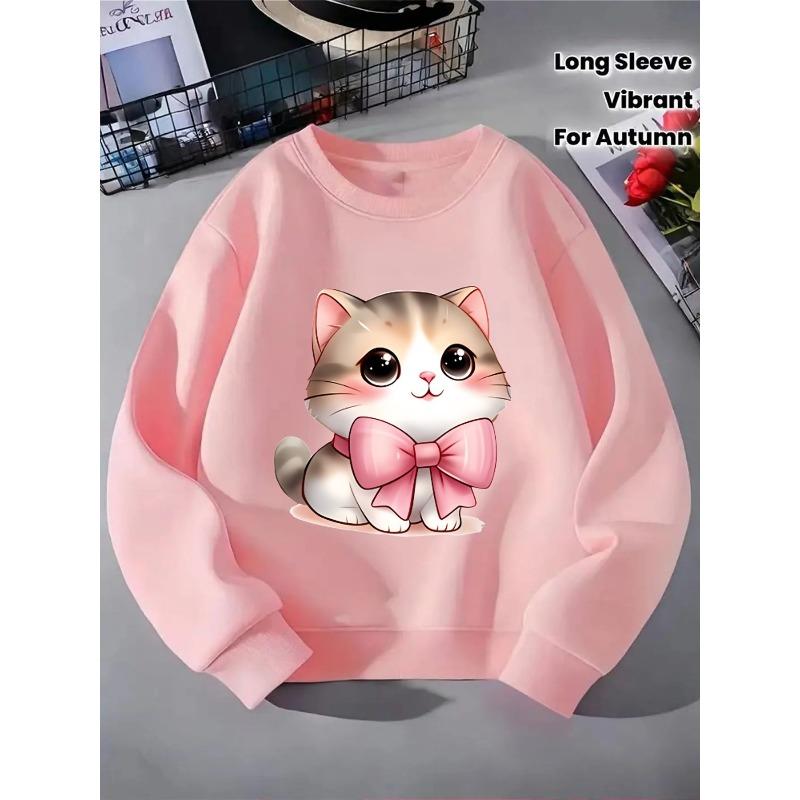 European sizes Crewneck Sweatshirt for Kids Featuring an Adorable Cat with a Pink Bow.Perfect for Sports And Casual Outings. Soft And Comfy