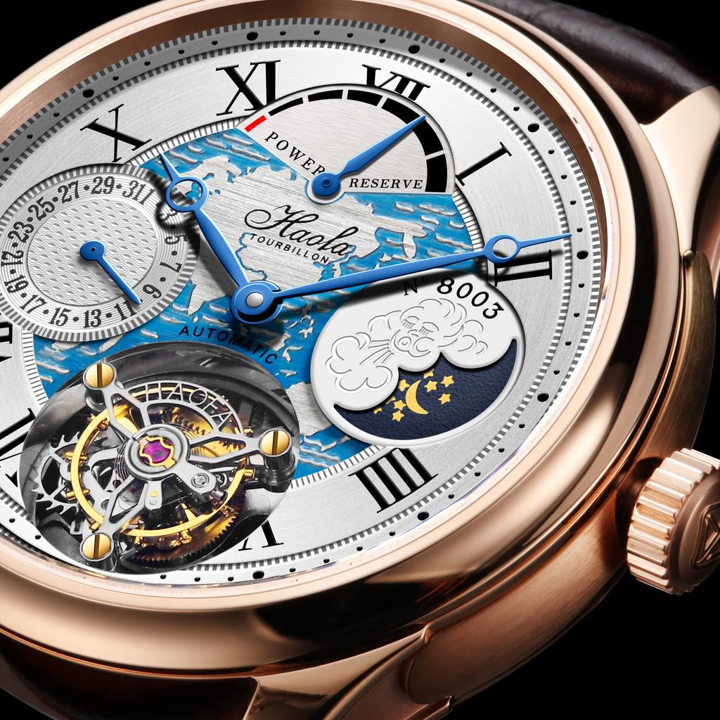 HAOFA Tourbillon Watch Mechanical Automatic Winding Energy Display Hollow Dial Moon Phase Stylish Date Luxury Sapphire Glass Popular Waterproof Gift
