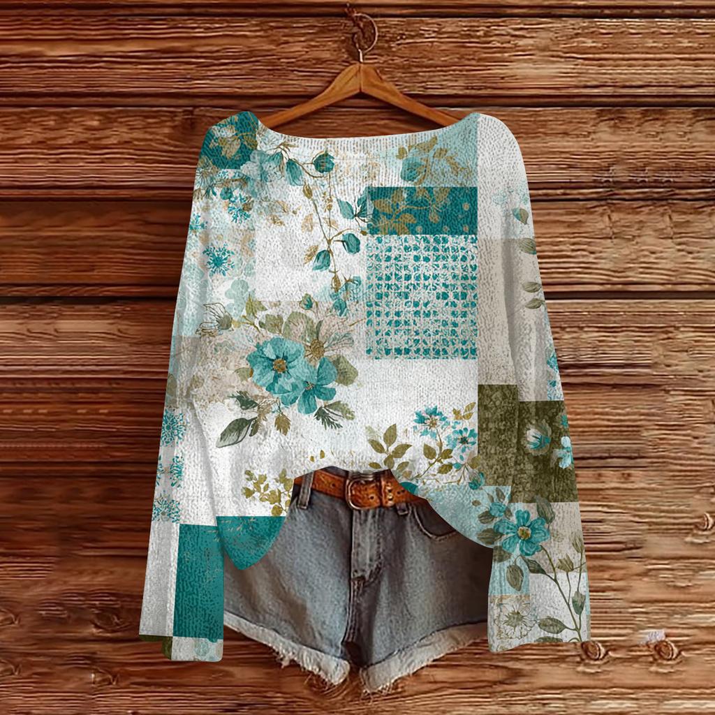 Women's Lightweight Sweater Casual Long Sleeve Knitted Vintage Floral Print Pullover