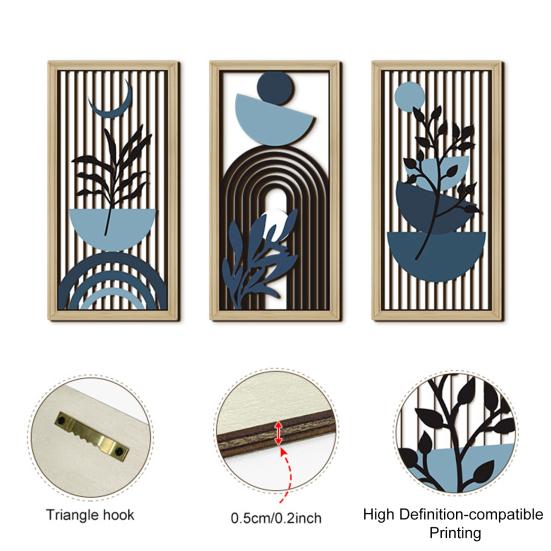 3 Pcs Boho Wood Wall Art Decor Minimalist Plants Geometric Hollow-out Hanging Ornament Abstract Wall Sculptures for Home Living Room Bedroom Kitchen
