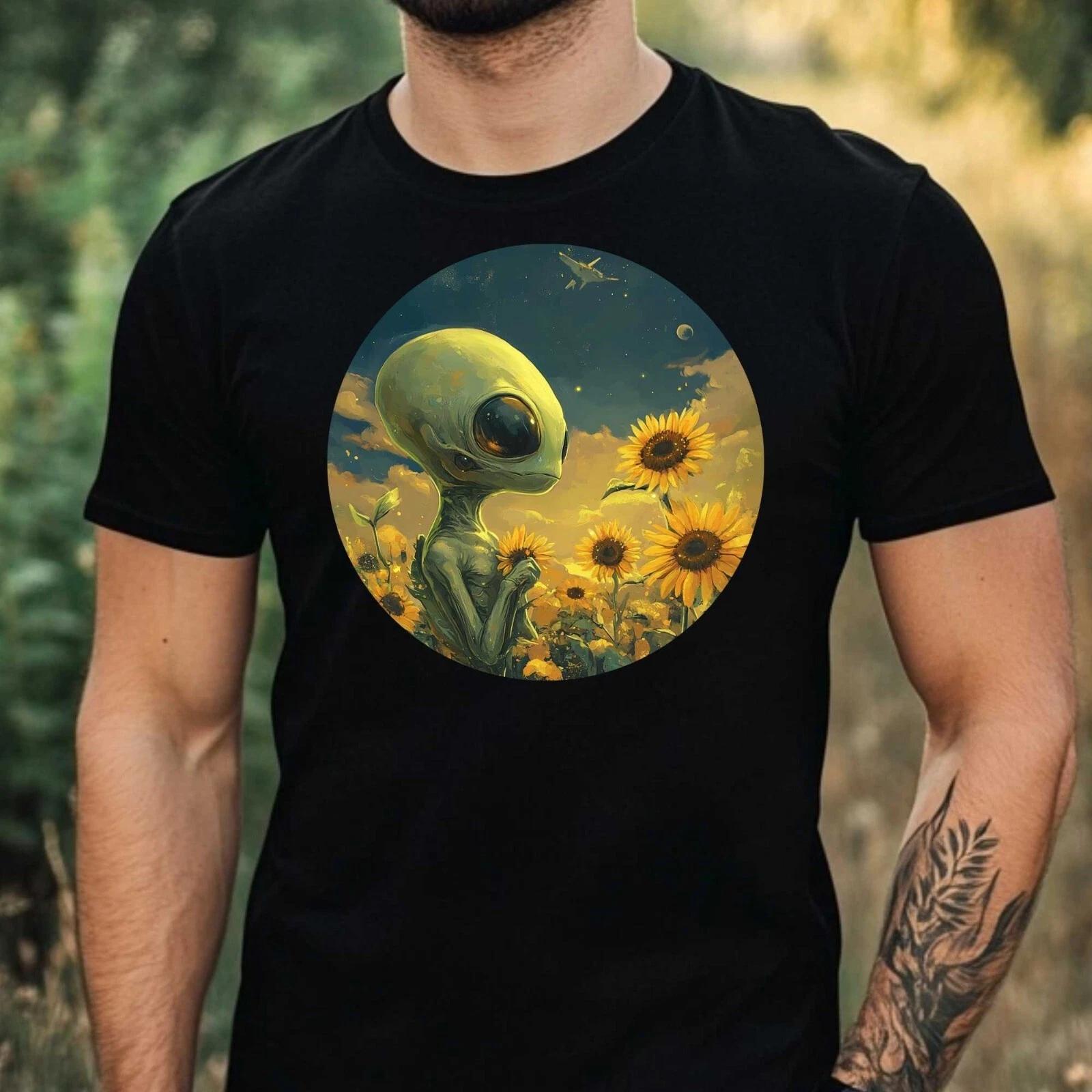 T-Shirt Herren Alien mit Sonnenblume Motiv Baumwolle Größe XS bis 5XL XL